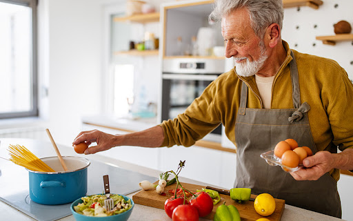 older man cooking at home