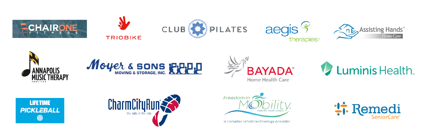 Sponsoring companies, featuring Chair One Fitness, Triobike, Club Pilates, Aegis Therapies, Annapolis Music Therapy, Moyer & Sons Moving, Bayada Home Health Care, Lifetime Pickleball, CharmCityRun, Freedom in Mobility, Remedi Senior Care, Luminis and Assisting Hands Home Care