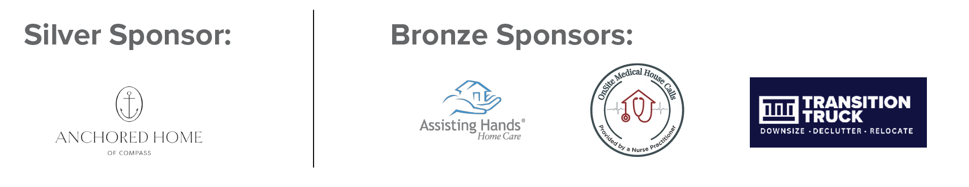 Image depicting list of sponsors – Silver Sponsor: Anchored Home of Compass; Bronze Sponsors: Assisting Hands Home Care, OnSite Medical House Calls, and Transition Truck